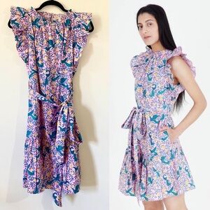 Banjanan Bulbul's Sister Dress Pink Teal Lemon Bird Block Print Ruffle Medium